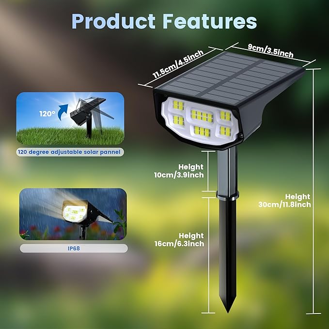 Solar Spot Lights Outdoor IP68 Waterproof, Ultra-Bright Performance,Simple Modes for Easier Operation, Auto On/Off,Solar Powered Landscape Lights for Garden, Yard, Pathway (Warm White, 8 Pack)