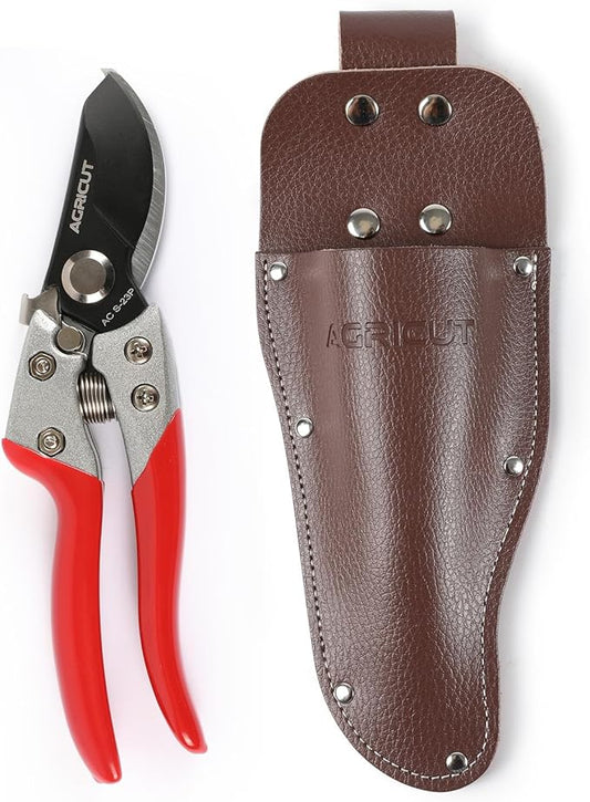 AGRICUT Pruner and Leather Holster - 1 Inch Cut Capacity Hand Clippers PU Holster for Pruning Shears