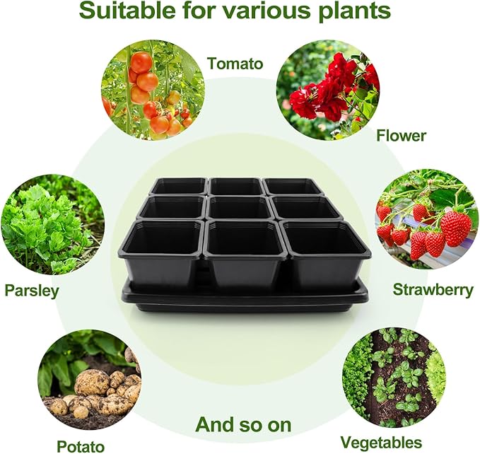 50Pcs 3.5inch Square Nursery Pots with 5Pcs Seed Starting Trays, Seed Starter Tray Kit, Seeds Starting Germination, Seeding Pots with Drain Holes, Small Plant Nursery Propagation