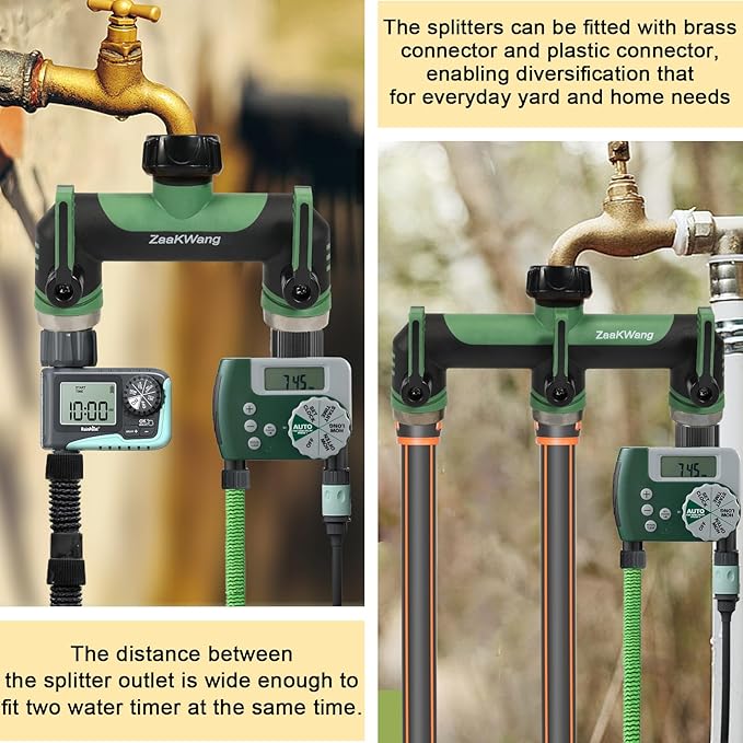 Full Flow Heavy Duty 3 Way Hose Splitter, Rugged Garden Faucet Adapter, Spout Diverter T - Way Adapter with Extended Handle, 3/4” GHT Thread, Green