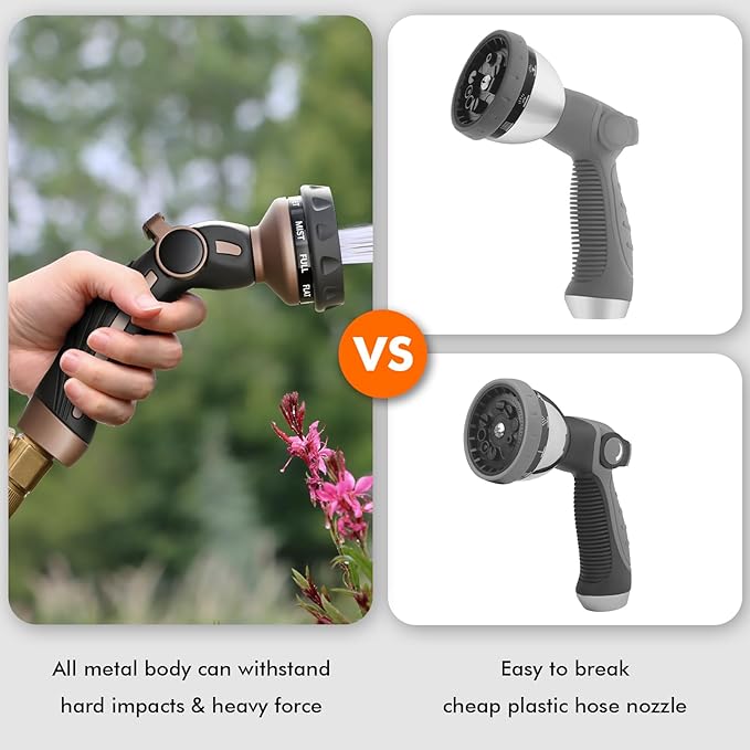 RESTMO Hose Nozzle Heavy Duty, Metal Water Hose Sprayer for Garden, 9 Spray Patterns | High Pressure | Thumb Flow Control | On/Off Valve, Ideal for Outdoor Lawn & Plant Watering, Car & Pet Washing