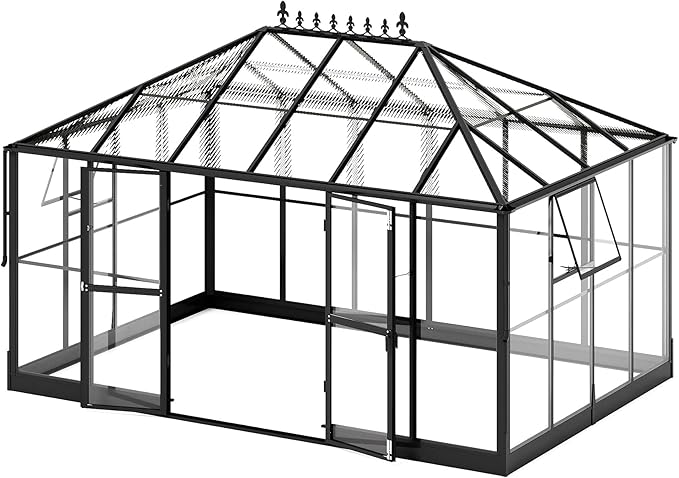 AMERLIFE 14x9.5x9 FT Hybrid Polycarbonate Greenhouse Quick Connector Fast Assembly, Swing 2 Doors Clear Panels, Walk-in Large Aluminum Greenhouse for Outdoors, Black