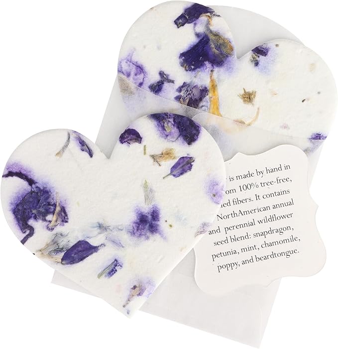 Wildflower Seed Paper - Set of 24 Purple Heart-Shaped with Envelopes and Planting Instruction, Writable & Plantable Gift for Mom and Plant Lovers, Ideal for Wedding, Memorials, Baby Showers