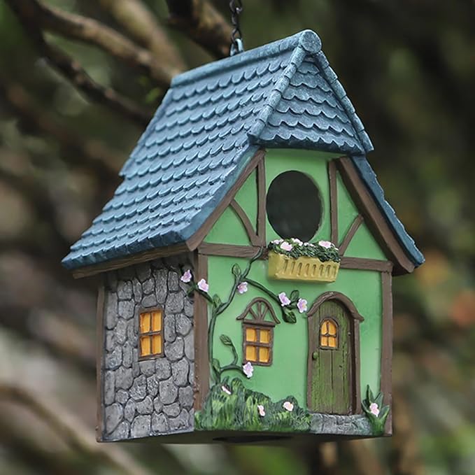 Cottage Garden Birdhouse – Green Resin Outdoor Decorative Bird House with Flower and Stone Details, Weatherproof for Backyard or Porch