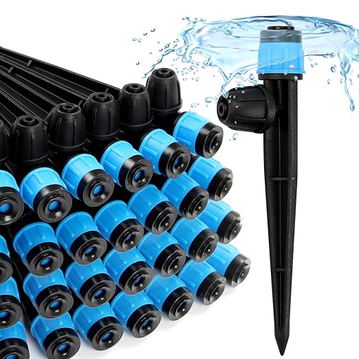 50pcs Drip Emitters Fan Shape with Stake for 1/4" Irrigation Tubing, Adjustable 360 Degree Water Flow Irrigation Vortex Sprayer On 5" Stake Garden Irrigation Dripper for Watering System