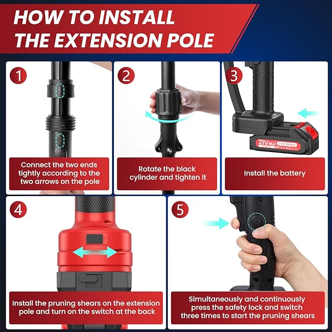 Electric Pruning Shears with Pole, 2-in-1 Cordless Pruning Shears 1.6" with SK7 Blade,8FT Reach,800W Brushless Motor,2 x 21V 2000 mAh Batteries,6โ10Hs,Tree Branch Cutter for Gardening Pruning