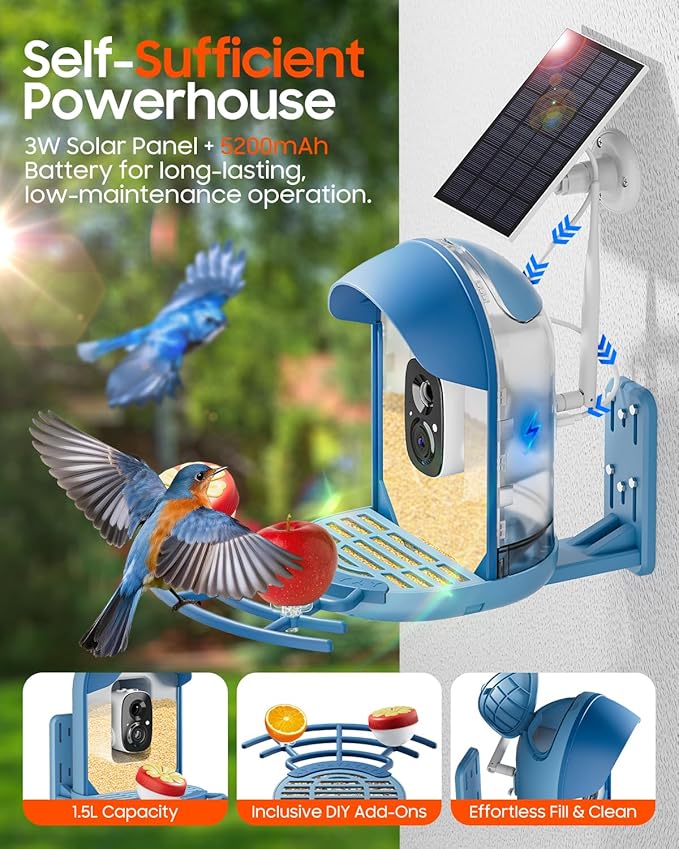 Camii Bird Feeder with Camera, Smart Birdfeeder with AI Identify Birds Species, 2K HD, Solar Powered, Night Vision, Real-Time Alert, IP66 Waterproof for Backyard Bird Watching Enthusiasts (Blue)