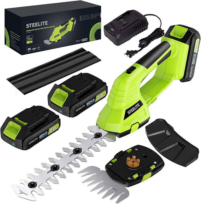 STEELITE Hedge Trimmer Cordless, 21V Handheld Shrub & Bush Trimmer Electric with 2 x 2.0Ah Batteries, Fast Charger, Mini Grass Trimmer for Effortless Trimming