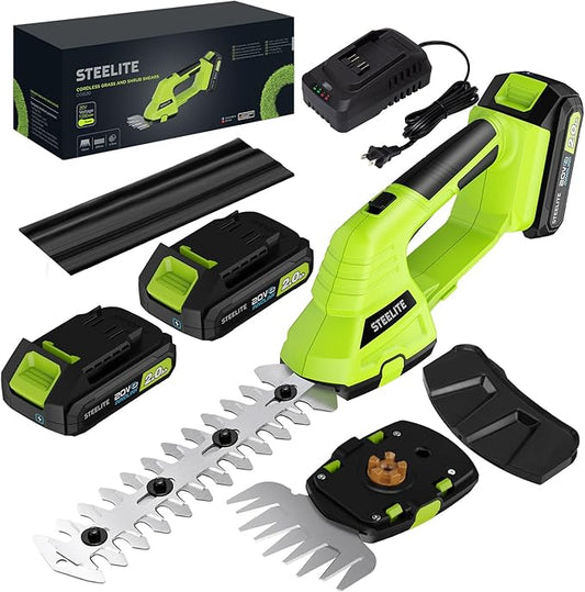 STEELITE Hedge Trimmer Cordless, 21V Handheld Shrub & Bush Trimmer Electric with 2 x 2.0Ah Batteries, Fast Charger, Mini Grass Trimmer for Effortless Trimming