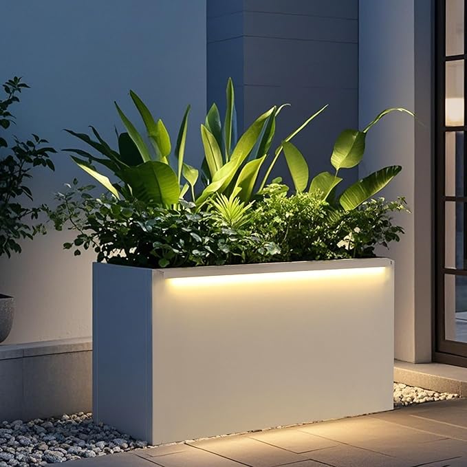 GSK 30" L White LED Metal Planter Flower Box Outdoor Illuminate Magnetic 3000K LED Light Strips Glow Vibe Modern Rectangle Raised Trough Drainage Holes Indoor Patio Balcony or Garden Decor