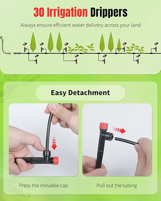 Pawfly 60 Pcs Push-to-Fit Drip Irrigation Emitters for 1/4 Inch Tubing, Drip Emitters Sprinklers with Stake & 8 Holes, Drip Irrigation System Parts with Adjustable Water Flow Irrigation Drippers, Red