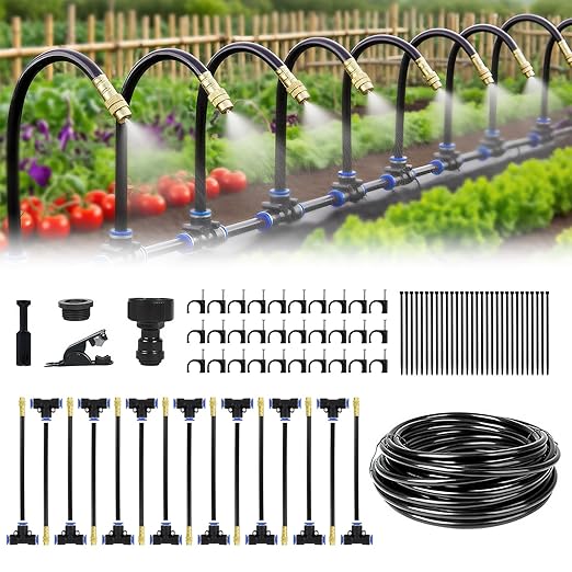 Automatic Drip Irrigation Kit - 50FT with Tool-Free Quick Connectors, 15 Copper Atomizing Nozzles & 360ยฐ Bendable Spray for Garden, Greenhouse, Lawn, Plants