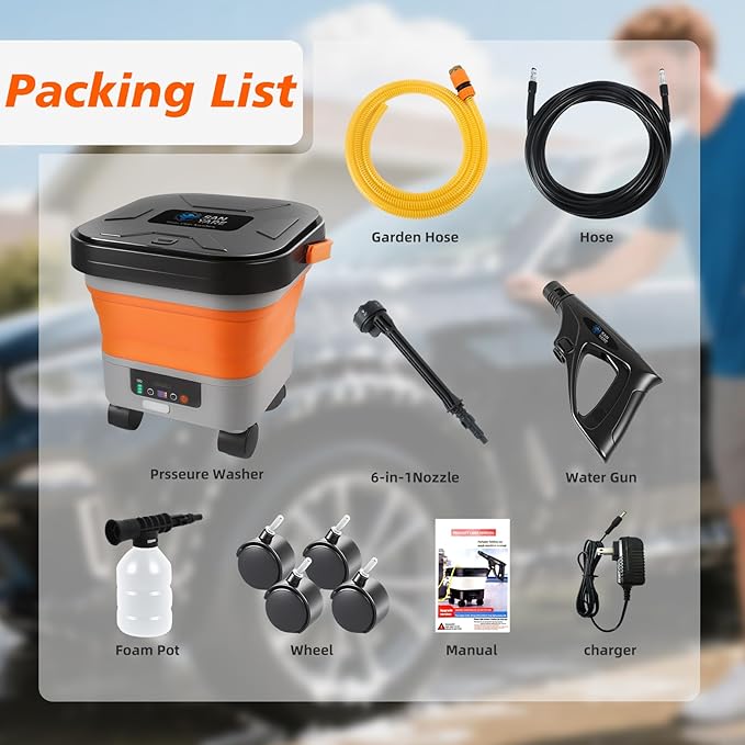 Cordless Pressure Washer w/3.5Gal Tank with Universal Wheel 6-in-1 Nozzle, Max 620PSI, 16.4FT Hose, 20000mAh Lithium Battery, Fold Portable Washer for Camping, Pet Cleaning,Watering The Flowers