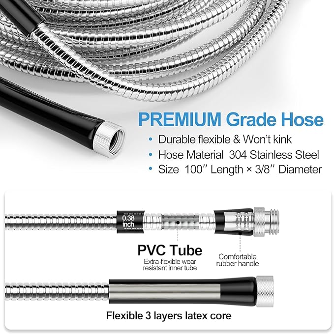 100ft Retractable Garden Hose Reel, Wall Mounted Metal Garden Hose Reel, Heavy Duty Stainless Steel Hose Reel with 9-Pattern Nozzle for Outside, Portable & 360° Rotation Frame