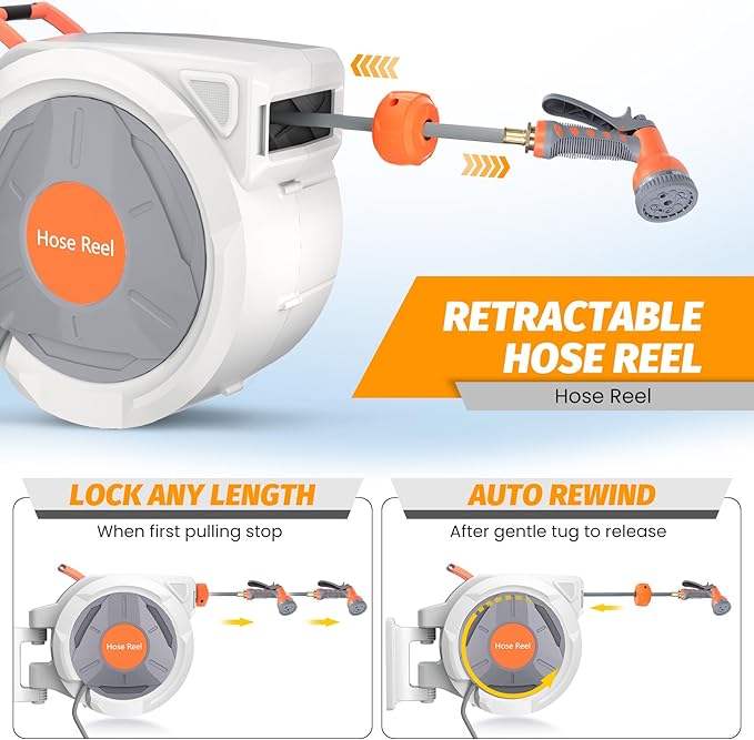 GarveeLife Retractable Garden Hose Reel 1/2 in x 130 Ft, Wall Mounted Garden Hose Reel, with 9 Function Sprayer Nozzle, Any Length Lock, Lock/Automatic Slow Return System, 180° Swivel Bracket(Grey)