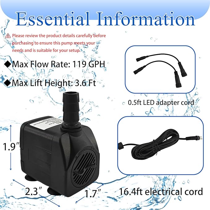 SAC SMARTEN ARTS Submersible Water Pump - Quiet, 119GPH, 10W, 12V, 3.6ft Lift for Aquariums, Fountains, Ponds, Hydroponic Systems