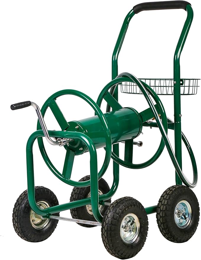 FDW Garden Hose Reel Cart, Water Hose Cart with 4 Wheels, Hold Up to 300 ft of 5/8’’ Hose,Heavy Duty Powder-Coated Steel Planting with Storage Basket, for Garden, Yard and Lawn