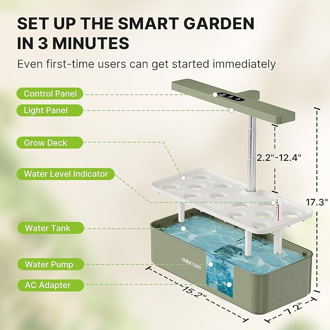 SUNCOZE Hydroponics Growing System Kit 12 Pods, 24W LED Grow Light Indoor Garden, 4L Water Tank with Quiet Pump, Adjustable Height Herb Garden Planter Indoor Kit, Gardening Gifts, Green