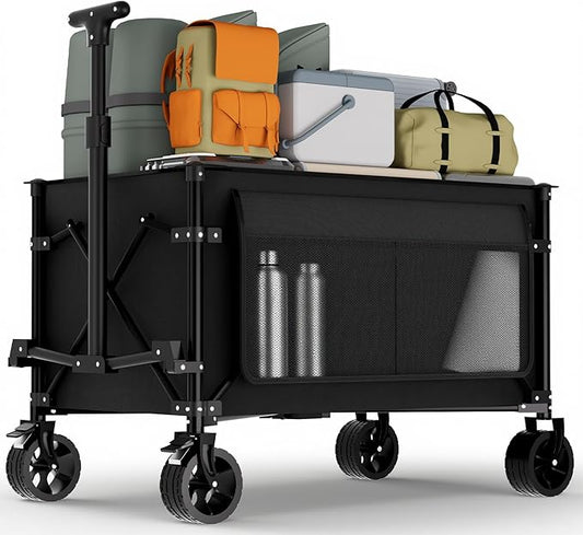 Favoyard Collapsible Wagon Carts Foldable 150L & 360LBS Folding Wagons w/All-Terrain Wheels & Brakes Portable Lightweight Utility Shopping Cart for Beach Grocery Sports Garden Camping Outdoor, Black