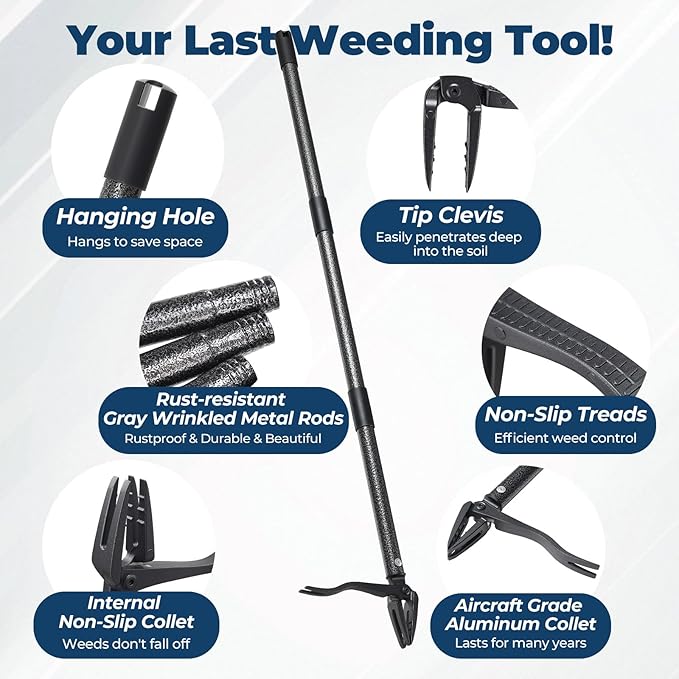 Weed Puller Tool, 60" Stand Up Manual Weeder - Unbreakable Aluminum Claw + Heavy-Duty Stainless Steel Rod, No-Bend Lawn Grass Grabber for Garden, Yard, Root Removal