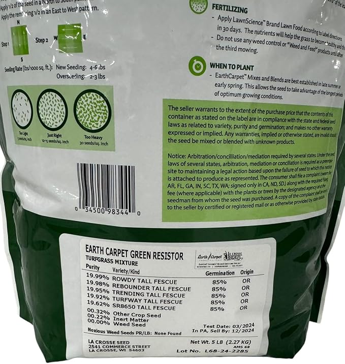 Lawn Green Resistor Turfgrass Mixture, Medum-Textured Turf, Drought and Disease Resistant, 5 lbs