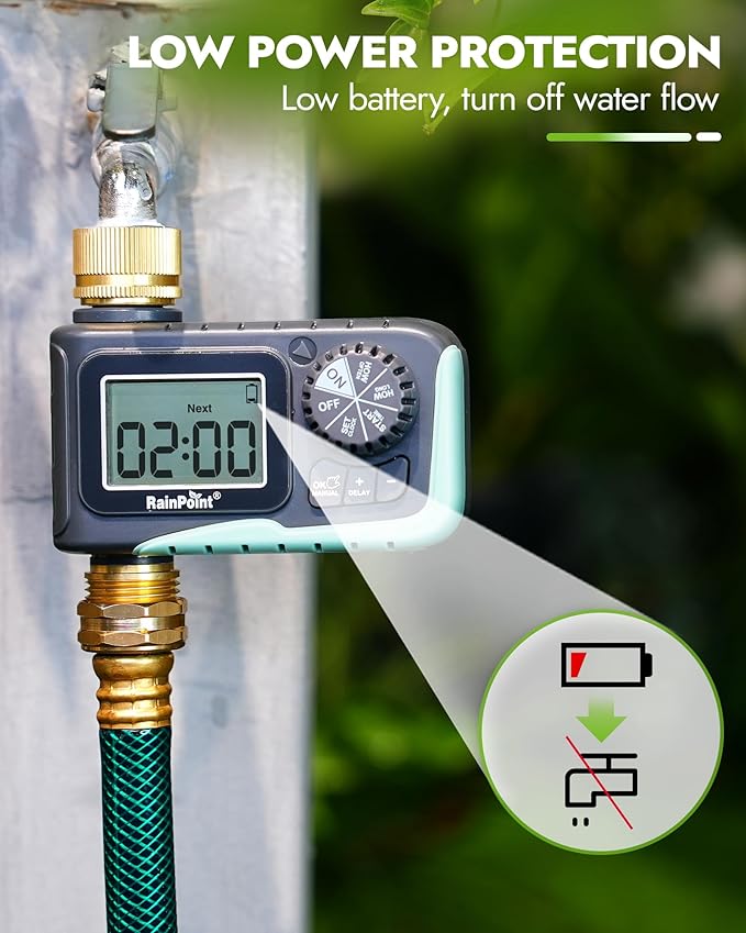 RAINPOINT Sprinkler Timer with Brass Inlet & Outlet, Programmable Hose Timer for Garden Soaker Hose, Watering Timer with Rain Delay/Manual Watering System, Digital Drip Irrigation for Yard, Lawn