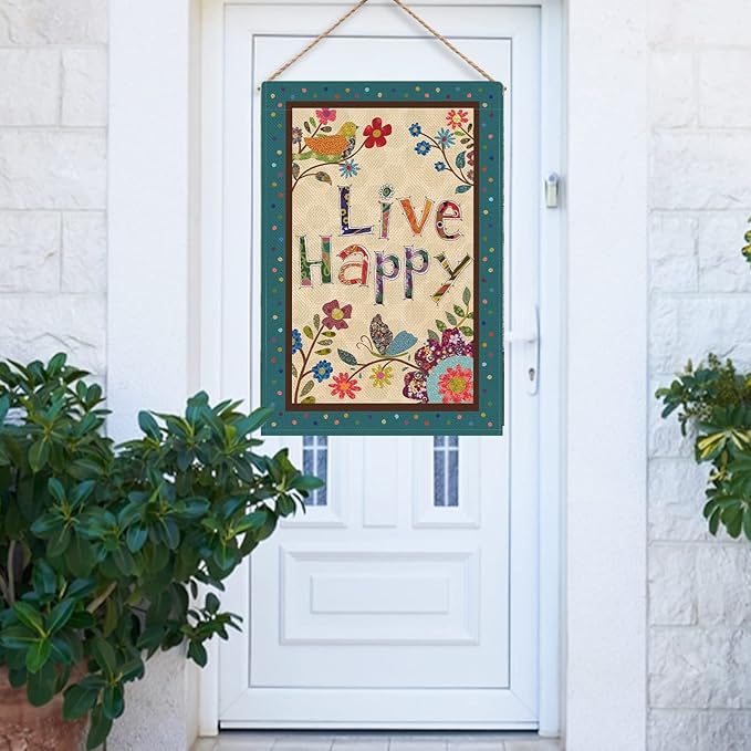 Hzppyz Live Happy Decorative Large House Flag Flower Bird, Spring Summer Inspirational Quote Garden Yard Outdoor Butterfly Decor Double Sided, Fall Positive Farmhouse Outside Burlap Decoration 28 x 40