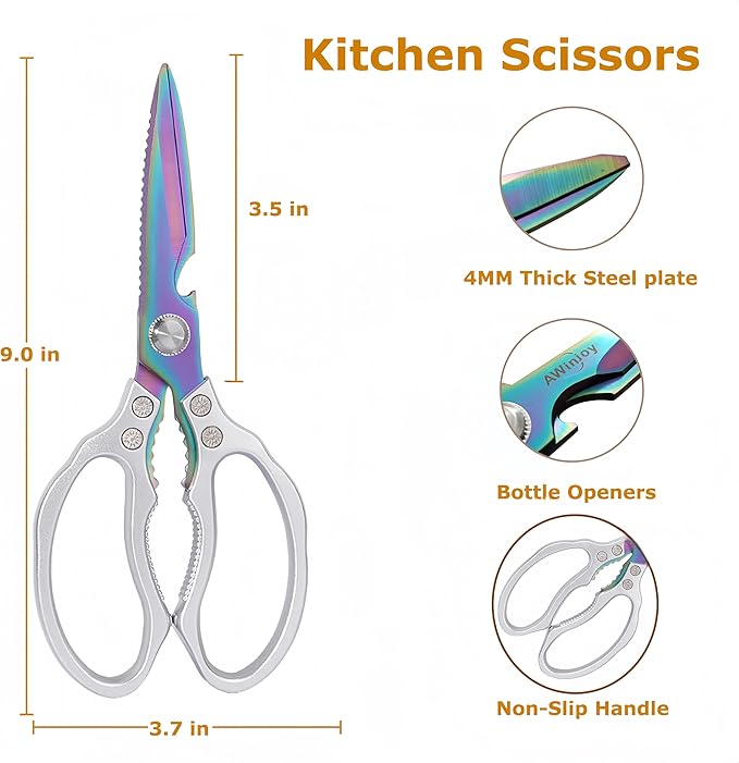 Heavy Duty Sharp Kitchen Scissors, Dishwasher Safe, Cooking Shears for Meat, Chicken, Fish, Poultry, Herb, Bread (Silver Color)