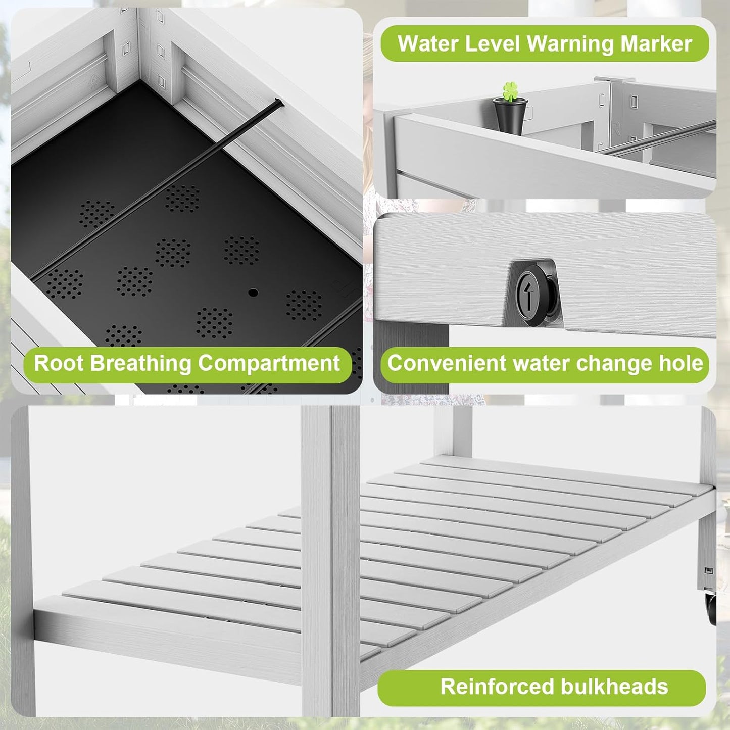 Elevated Raised Garden Bed with Wheels,Outdoor Large Resin Patio Planter Box Stand Divisible with Drain Plug,Water Monitor for Plants Vegetables Flowers Fruits(Ashen)