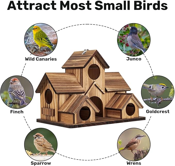 Bird Houses for Outside, Outdoor 5-Hole Birdhouse for Bluebirds, Finches, Cardinals and Yellow Finches, Wooden Hanging Birds House Wild Bird Nest Garden Decorative