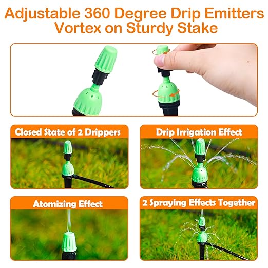 Drip Irrigation Emitters for 1/4" Irrigation Tubing, 25 Pack Integrated Drip Irrigation Stream Emitters & Adjustable Atomizing Nozzles with Stake Adjustable 360 Degree Water Flow Sprayer