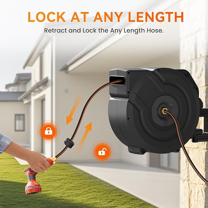 NEOTEC Retractable Garden Hose Reel 1/2 inch x 100ft - Wall Mounted Heavy Duty Hose Reel with 3/4 Inch Brass Fittings & 9-Pattern Nozzle - Auto Rewind System, Any Length Lock, 180° Swivel Bracket