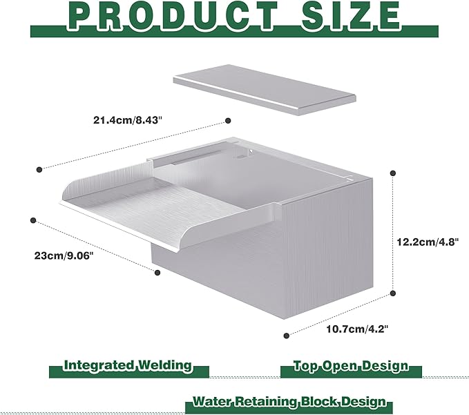 Waterfall Pool Fountain LONGRUNNEW 304 Stainless Steel 9.06" Rectangular Waterfall Spillway, Water Fall Fountain with Pipe Connector for Garden Outdoor, Swimming Pools, Fountains, Pond and Spa