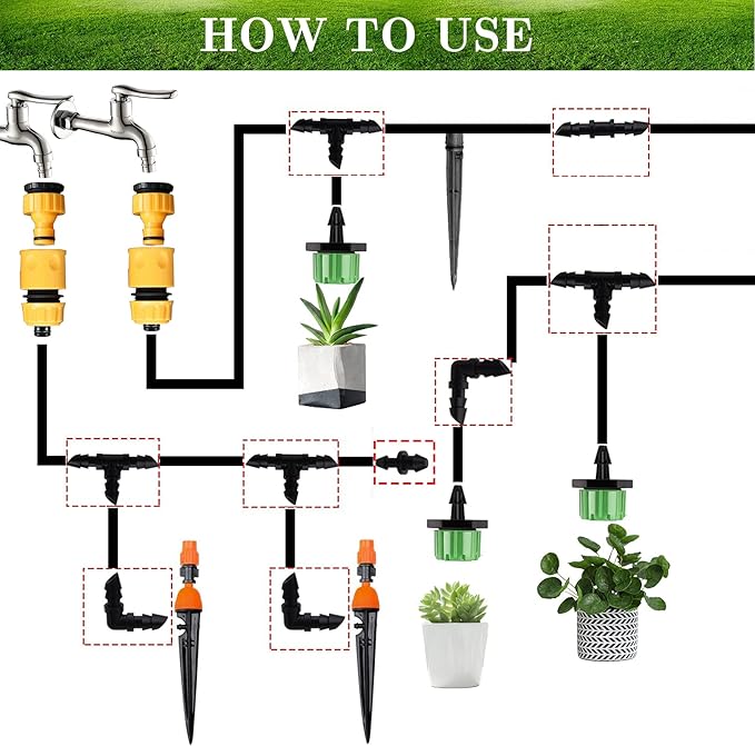 1/4 Inch Drip Irrigation Fittings Kit, 130 Pieces Drip Irrigation Parts for 1/4" Irrigation Tubing for Garden Lawn, Drip Line Barbed Connectors - 60 Couplings, 40 Tees, 20 Elbows, 10 End Plugs