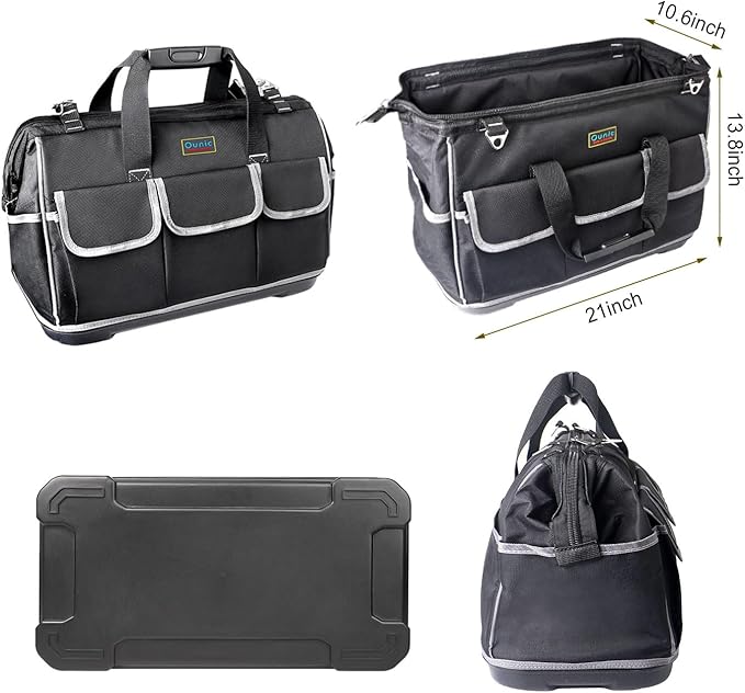 Tool Bag, Ounic 22 Inch Large Heavy Duty With Wide Mouth and Waterproof Strong Molded Base tool Organizer with Adjustable Shoulder Strap Specially Designed for Various Tools(Black)