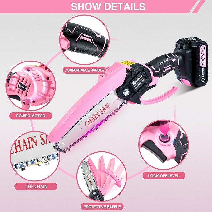 Saker Mini Electric Chainsaw,6 Inch, Handheld Portable Chain Saw Pruning Shears Chainsaw Cordless for Tree Branches,Household and Garden(SAKER MINI CHAINSAW PINK + 2 BATTERIES + 3 CHAINS)