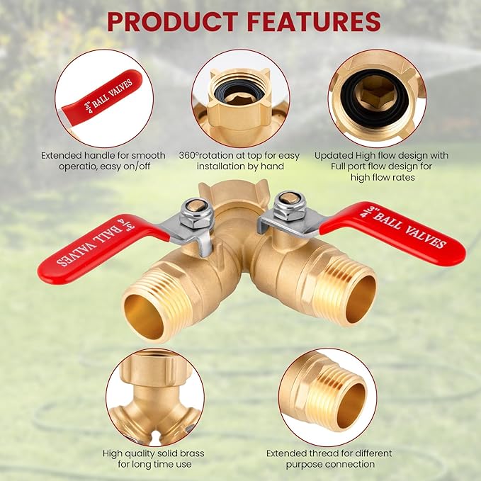 Garden Hose Splitter 2 Way Heavy Duty - Solid Brass Hose Y Splitter with Stainless Steel Long Handle, 3/4" GHT Thread for High Flow Rates & Leak-Free Connection