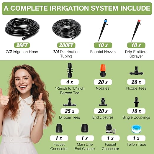 MIXC 226FT Greenhouse Micro Drip Irrigation Kit, Automatic Patio Plant Watering System with 1/4" & 1/2" Tubing, Adjustable Nozzles, Emitters, & Barbed Fittings for Efficient Irrigation