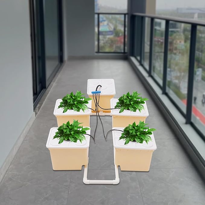 DWC Hydroponics Growing System Kit 4 Site + Reservoir, Deep Water Culture Hydroponic Bucket System with Submerged Pump