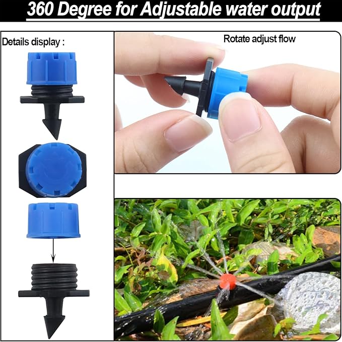 150 Pcs Adjustable Micro Drip Irrigation Sprinklers 1/4 Inch Universal 8-Hole Flow Dripper Garden Irrigation Nozzles for 4mm/7mm Tube Watering System (Blue)