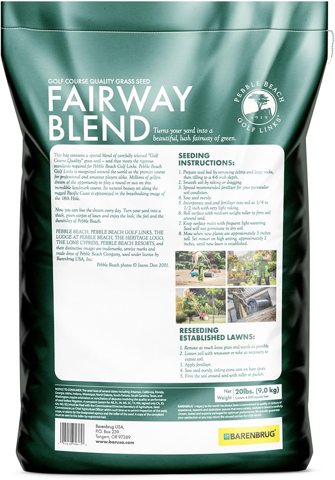 Barenbrug Pebble Beach Sun & Shade Grass Seed Mixture for Lawn Repair & Growth, Pebble Beach Golf Course Approved Blend, 20 LB Bag