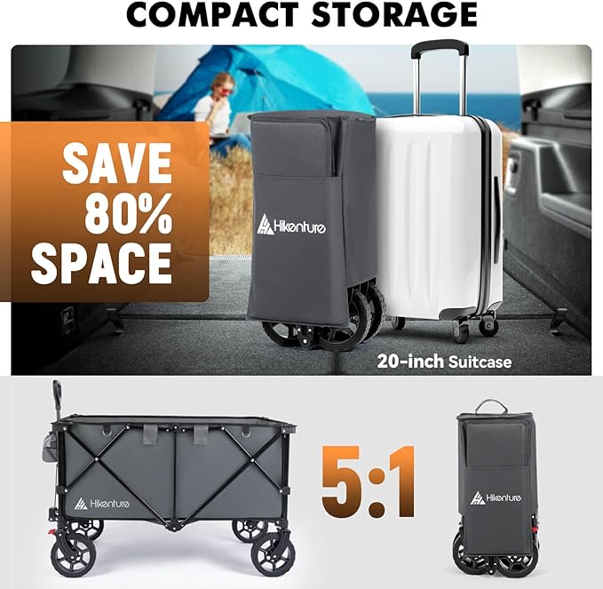 Hikenture Collapsible Wagon - 330LBS Capacity, Extra Large Foldable Wagon with All-Terrain Wheels, Utility Beach Cart for Outdoor Garden