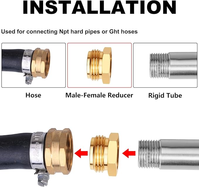 Garden Hose Adapter: Brass 3/4" GHT Male to 1/2" NPT Female Reducer, Leak-Proof Connector (3/4" GHT Male to 1/2" NPT Female, 10-Pack)