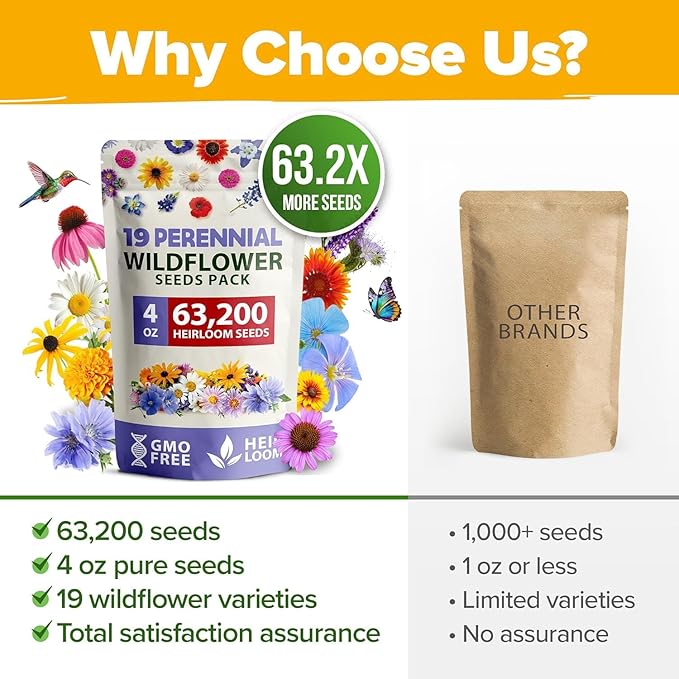 HOME GROWN π¨π¦π π£π₯ππ ππ¨π  Wildflower Seeds Bulk 4 oz 63,200+ Seeds 19 Varieties Non-GMO Perennial Mix, Butterfly & Pollinator Flower Seeds, Attract Bees, Birds & Hummingbirds, Outdoor Planting