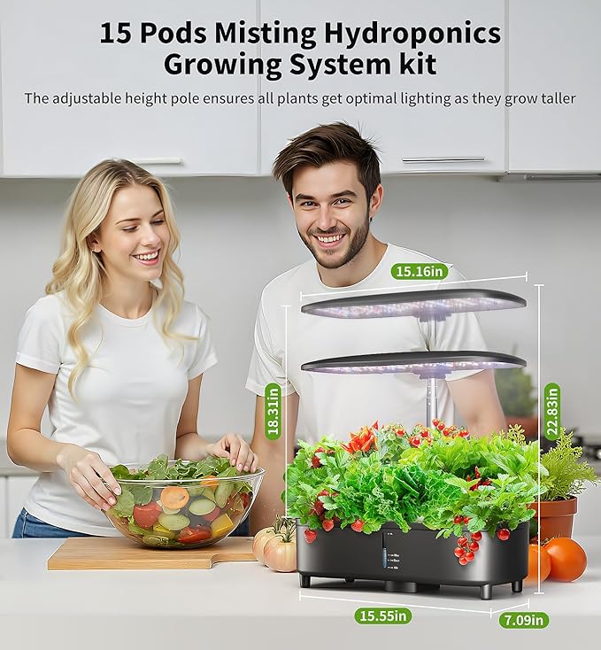 Hydroponics Growing System Kit 15 Pods Misting Herb Garden Indoor Garden Indoor Gardening System 5L Water Capacity 48W Grow Light Gardening Gifts for Women House Warming Gifts New Home (Black)