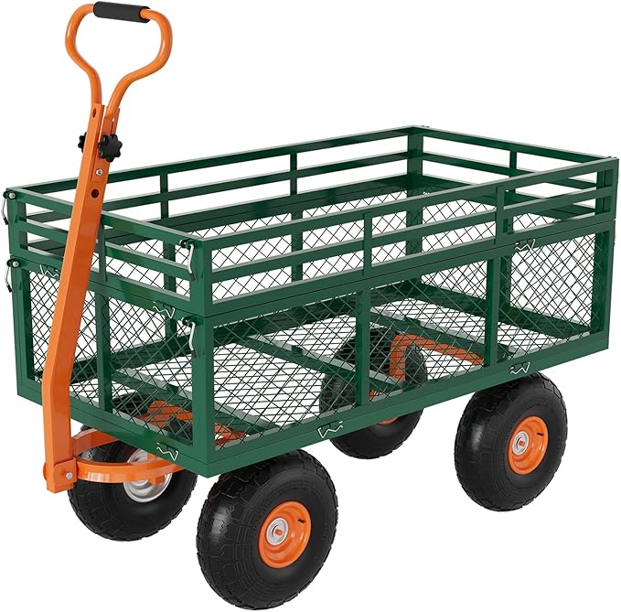 Versatile Garden Cart for Lawn and Yard with Heavy Duty Steel, 1400 Lbs Capacity Mesh Steel Garden Cart Folding Utility Wagon with Removable Side Panels, Long Handle, 10" Tires - Green and Orange