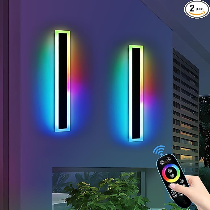 Widened 2 Pack RGB Outdoor Wall Lights, 23.6inch Long Dimmable Modern LED Wall Sconces, 10 Colors, 5 Modes, IP65 Waterproof Black Minimalist Lighting for Porch, Garage, Patio, Exterior House