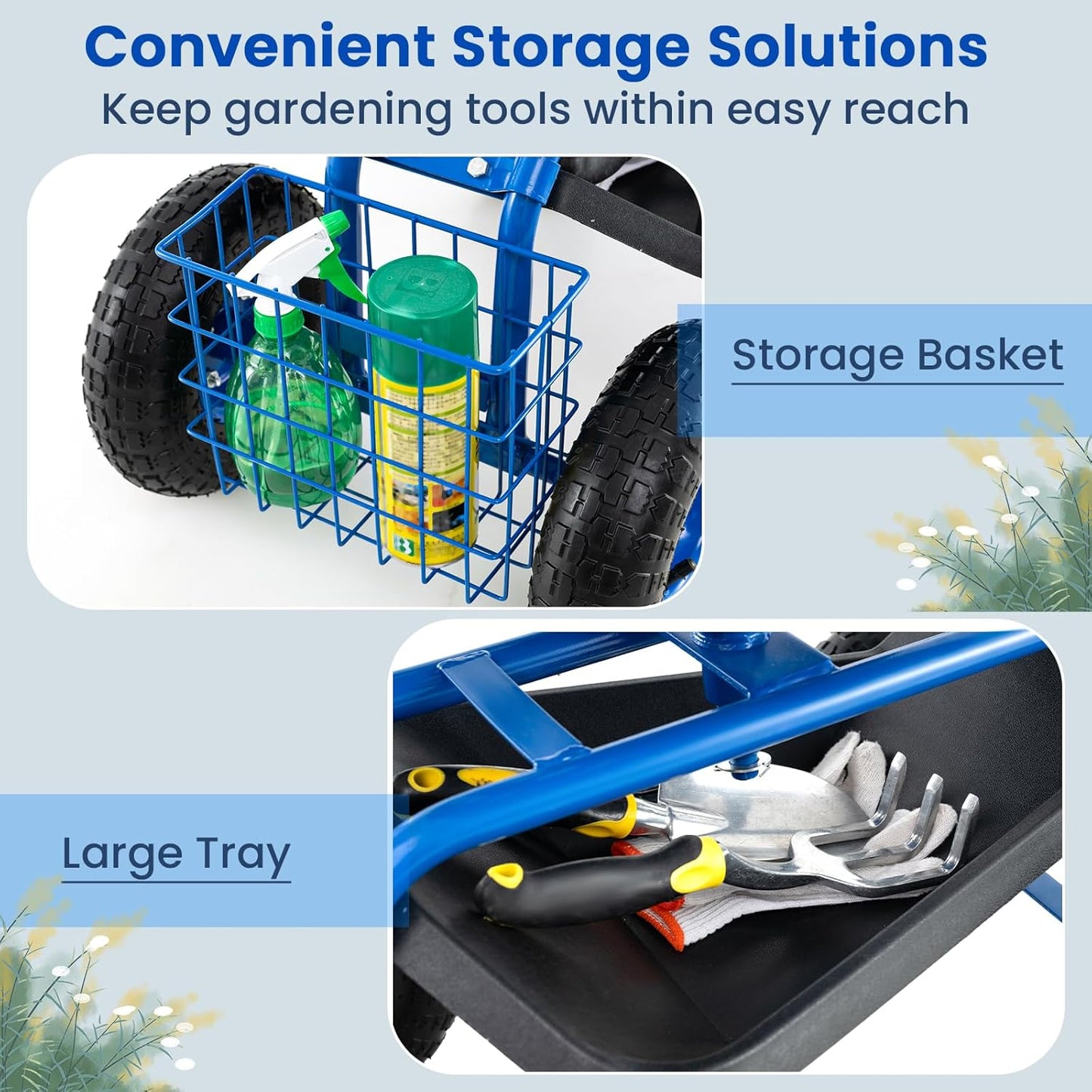 Giantex Garden Workseat, 360 Swivel Rolling Seat with Wheels, Tools Basket, Gardening Cart with Seat, Adjustable Height, Wagon Scooter for Patio Lawn Yard, Outdoor Steerable Stool (Blue)