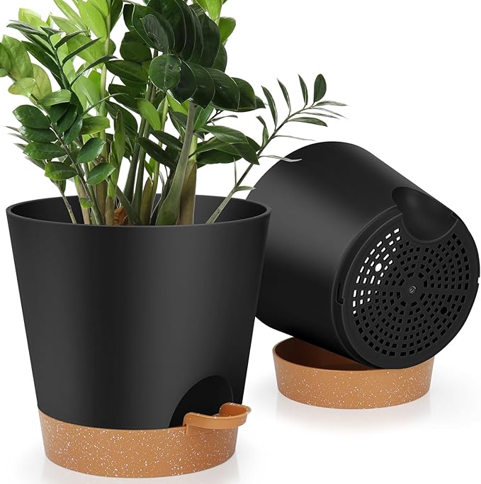 8-Inch Plant Pots, Self-Watering Planters with Drainage Holes & Saucers for Indoor and Outdoor Plants (2-Pack,Black)