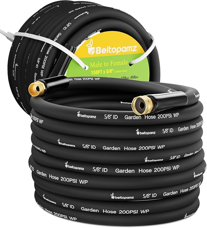 150 ft Garden Hose, 5/8 in Heavy Duty Water Hose, Flexible and Durable, Lightweight Rubber Hybrid Hose, Leak-Free Connections, Male to Female Fittings, BT150B, Black